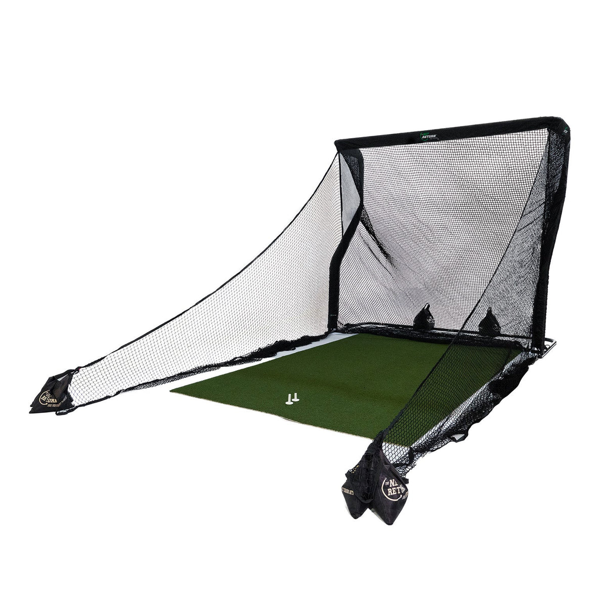 Golf practice net with black mesh and a green hitting mat, designed for indoor or outdoor use, featuring tee placement spots.