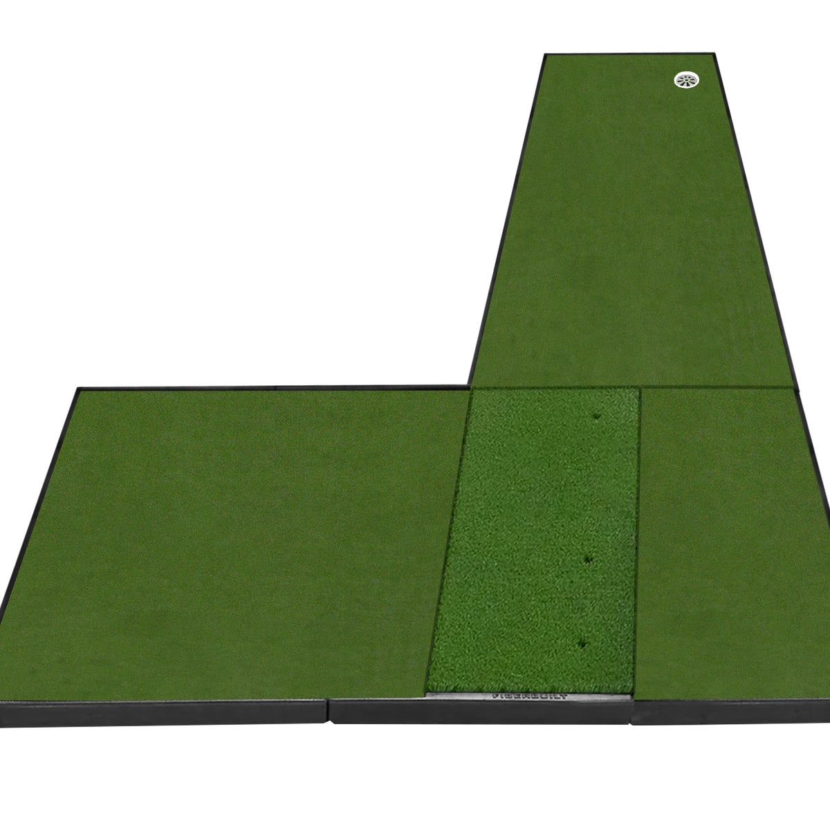 Rectangular green golf mat with multiple turf sections, divided by black borders, designed for practice putting indoors.